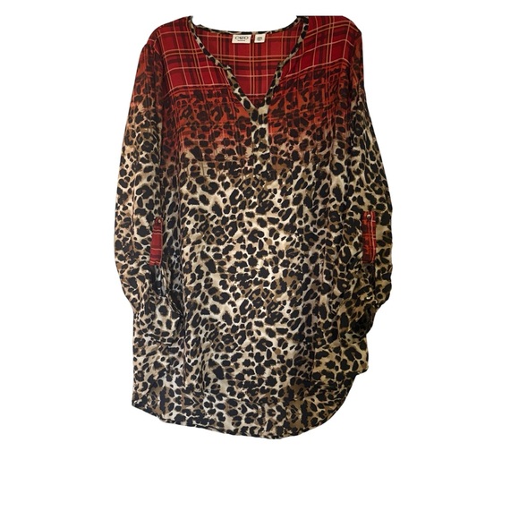 Cato Tops - Cato•Red & Brown Plaid Leopard-Print Tunic